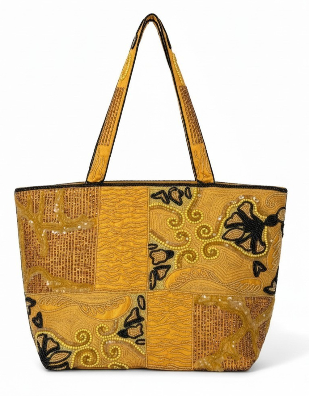 Boho Beaded Sequin Paisley Embellished Satchel Purse Golden Orange & Black India